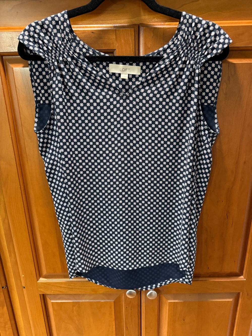 LOFT Navy and White Dotted Cap Sleeve Blouse
